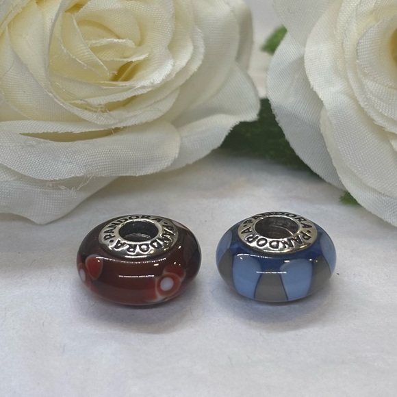 Pandora Retired Floral Red and Geometric Blue Charm Set - Picture 2 of 3